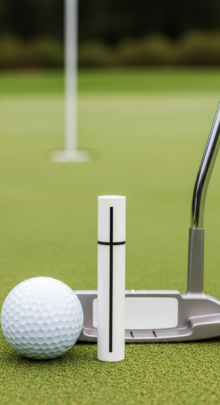 9 Easy Sharpie Golf Ball Designs That Actually Last White Golf Ball With A Hand-Drawn Black Alignment Line For Putting, Resting On A Dewy Green Next To A Putter Head.