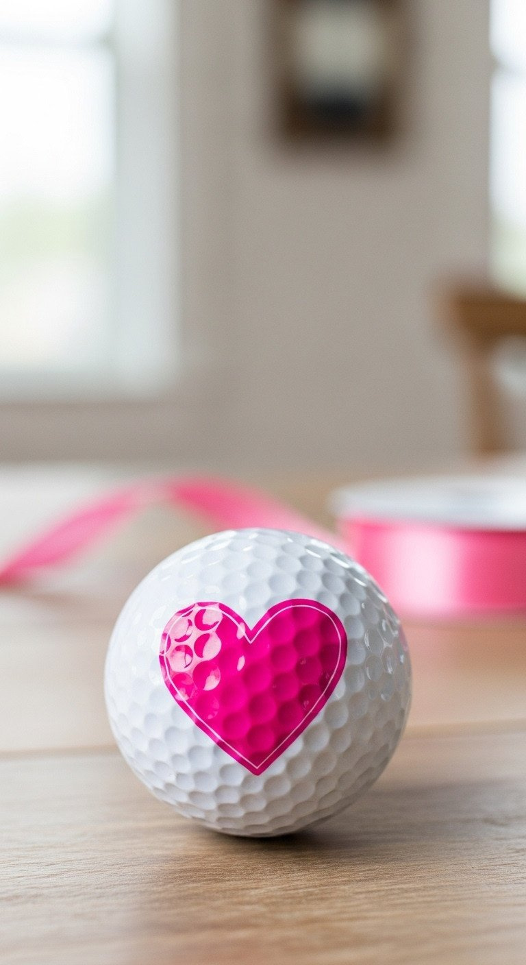 13 Easy Sharpie Heart Golf Ball Ideas With Pro Sealing Tips White Golf Ball With A Vibrant Pink Solid Heart Drawn On It, Sitting On A Rustic Wood Table With A Pink Ribbon Blurred Behind.