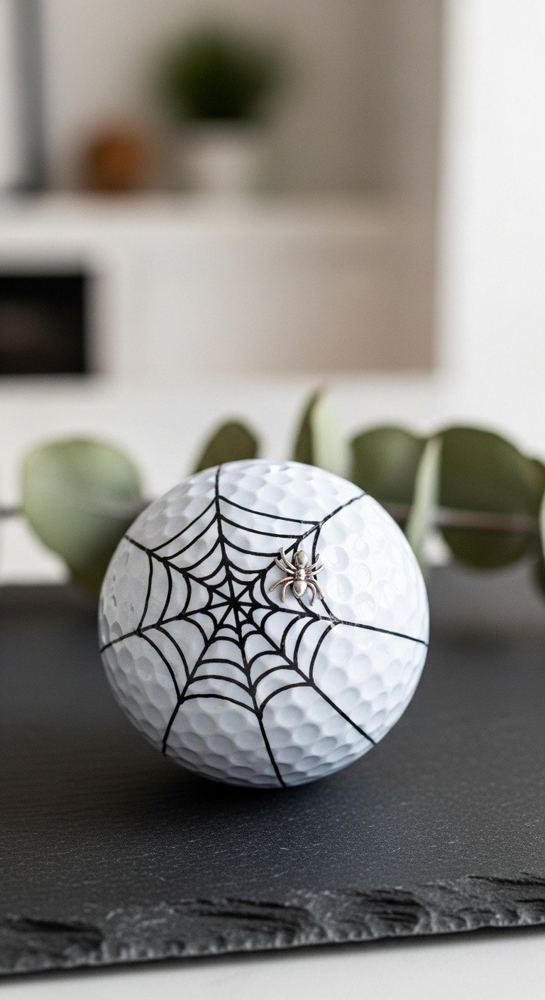 White Golf Ball With An Intricate Black Spider Web And A Tiny Silver Spider For A Minimalist Diy Halloween Table Decoration.