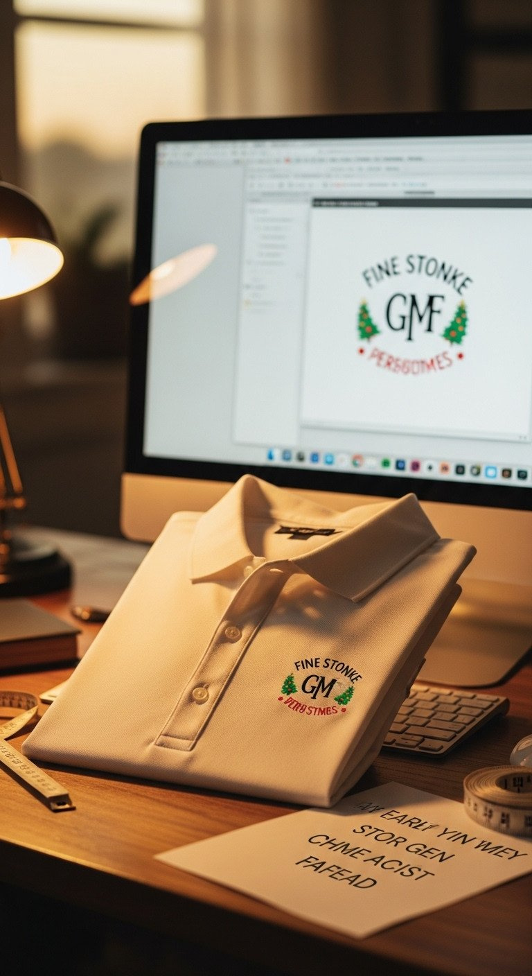 White Golf Polo With Custom-Embroidered Christmas Motif &Amp; Initials, Folded On Wooden Desk, Home Office Setting.