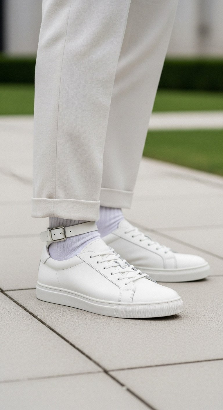 Master The Golf Aesthetic The Ultimate Guide To Golfcore Style White Leather Low-Profile Sneakers With Crisp Ankle Socks, Tailored Trouser Hem, On A Light Gray Concrete Path. Modern Footwear.