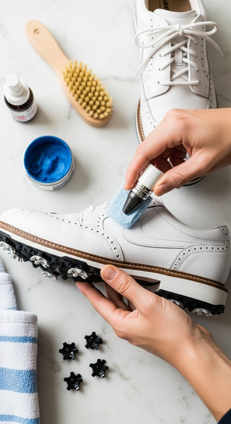 White Premium Golf Shoes Being Polished On Marble Countertop With Shoe Brush, Waterproofing Solution.