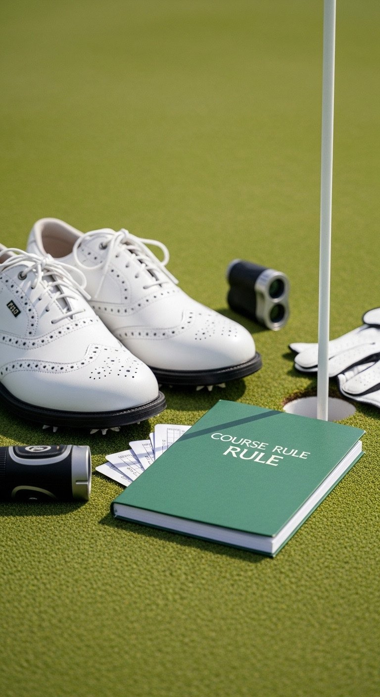Family Golf Aesthetic Master The Cohesive Heritage Look White Spikeless Golf Shoes, Scorecards, Rulebook, Rangefinder On Manicured Putting Green; Essential Golf Items.