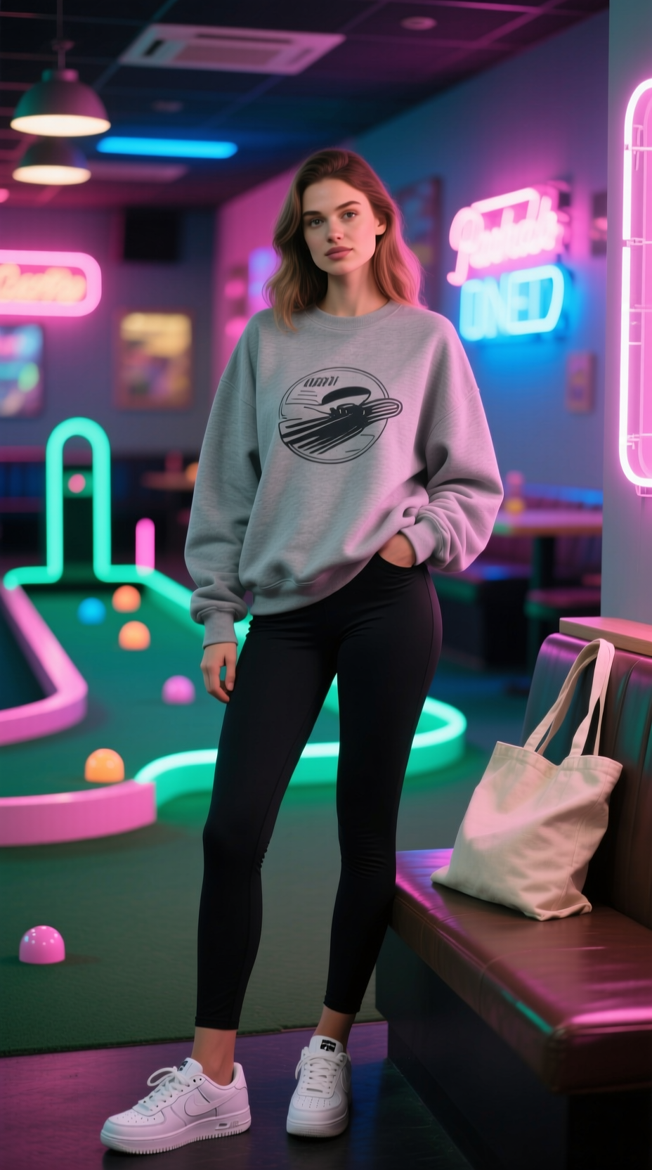 Woman In A Cozy Grey Graphic Sweatshirt And Black Leggings, A Stylish Outfit For Indoor Glow-In-The-Dark Mini Golf.