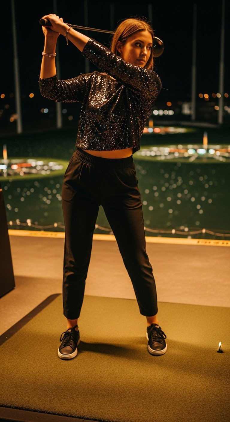 9 Festive Topgolf Party Outfits That Pass The Swing Test Woman In A Matte Sequined Top And Black Trousers Mid-Golf Swing In A Warmly Lit Topgolf Bay At Night, Stylish Active Wear.