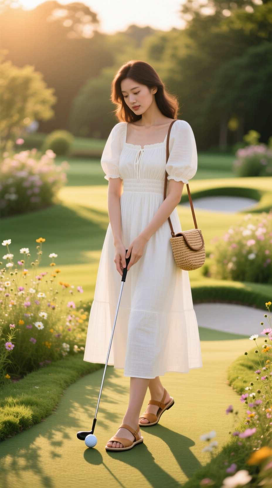 Woman In A Romantic White Midi-Dress With Puff Sleeves, A Perfect Summer Outfit For A Mini Golf Date At Golden Hour.