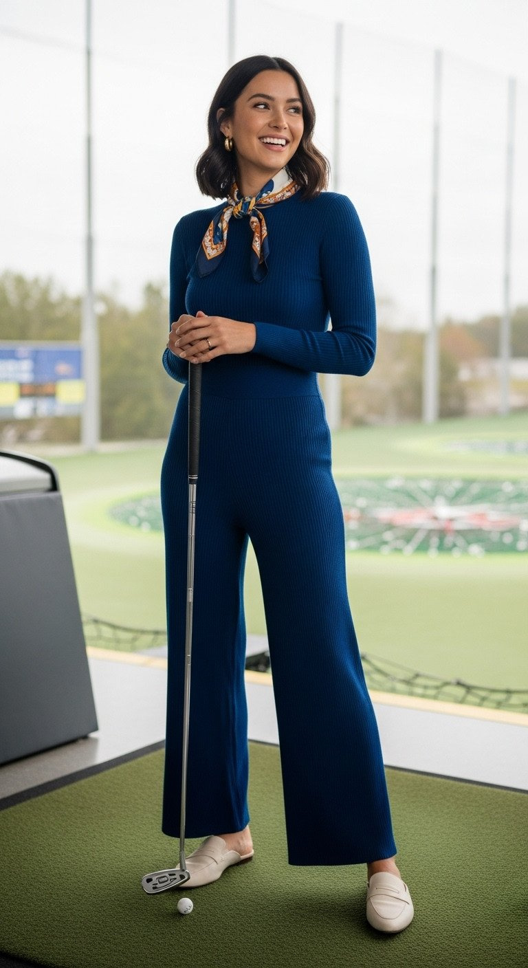 9 Festive Topgolf Party Outfits That Pass The Swing Test Woman In A Sapphire Blue Knit Jumpsuit And Wide-Leg Trousers Comfortably Posing In A Topgolf Bay, Elegant Fashion.
