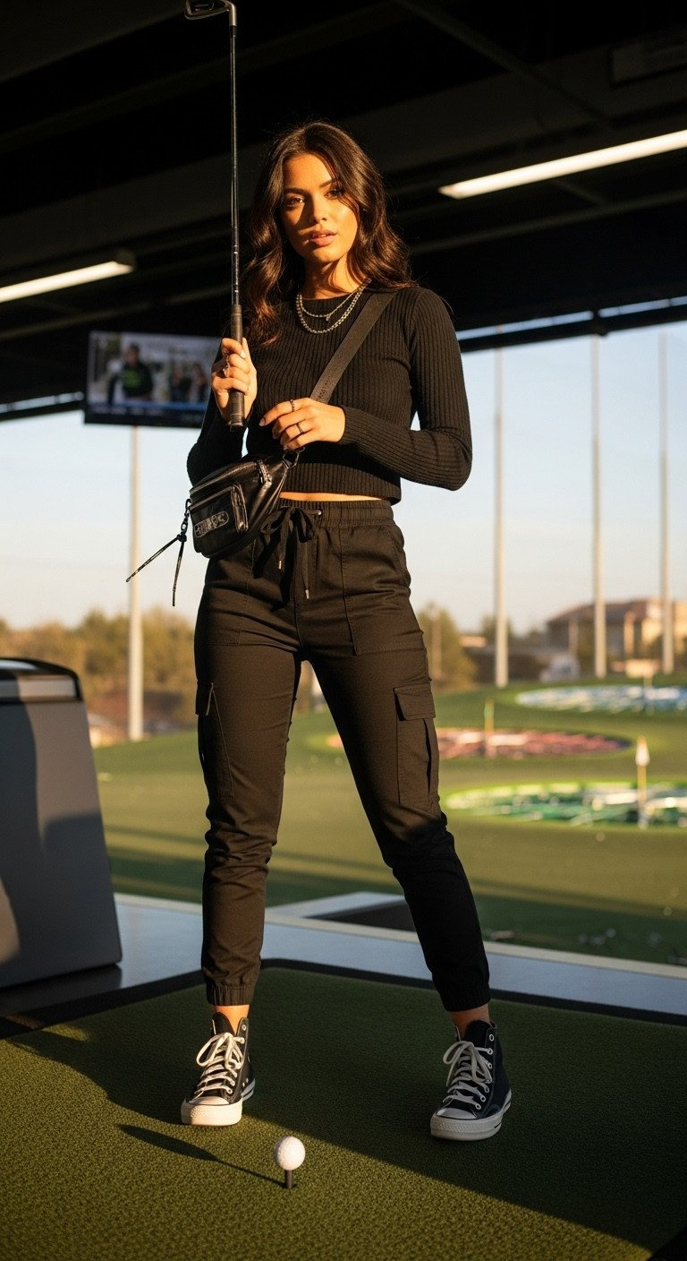 Woman In Black Cargo Pants, Long-Sleeve Top, High-Top Sneakers At Night Topgolf. Edgy Monochrome Date Outfit.