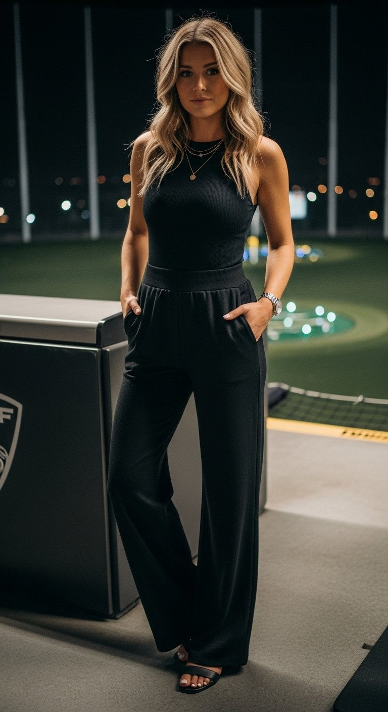 Woman In Black Tailored Joggers, Fitted Black Bodysuit, Layered Necklace At Night Topgolf. Sophisticated Power Outfit.