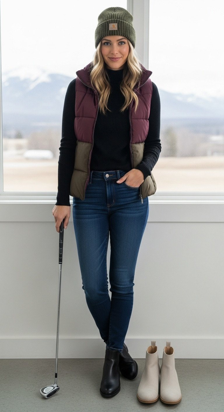 Woman In Dark Denim, Black Turtleneck, Burgundy Puffer Vest, Ankle Boots At Topgolf. Cozy Winter Date Outfit.