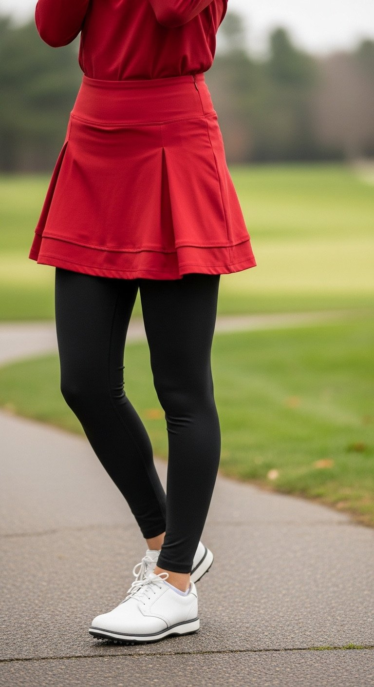 Woman In Festive Red Golf Skort Over Black Leggings, White Golf Shoes. Stylish, Mobile Christmas Golf Outfit On The Green.