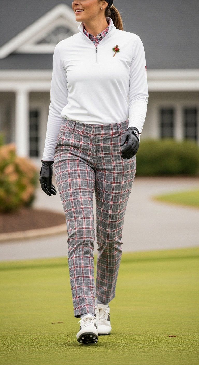 Woman In Holiday Plaid Golf Trousers, White Quarter-Zip, Festive Lapel Pin, Walking. Professional, Elegant Christmas Golf.