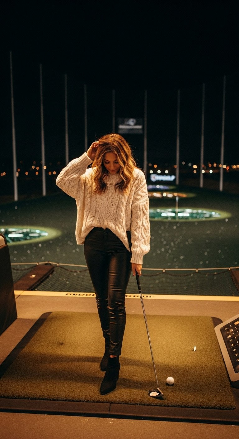 9 Festive Topgolf Party Outfits That Pass The Swing Test Woman In Stylish Leather-Look Pants And A Chunky Cable-Knit Sweater In A Cozy Topgolf Bay At Night, Date Fashion.