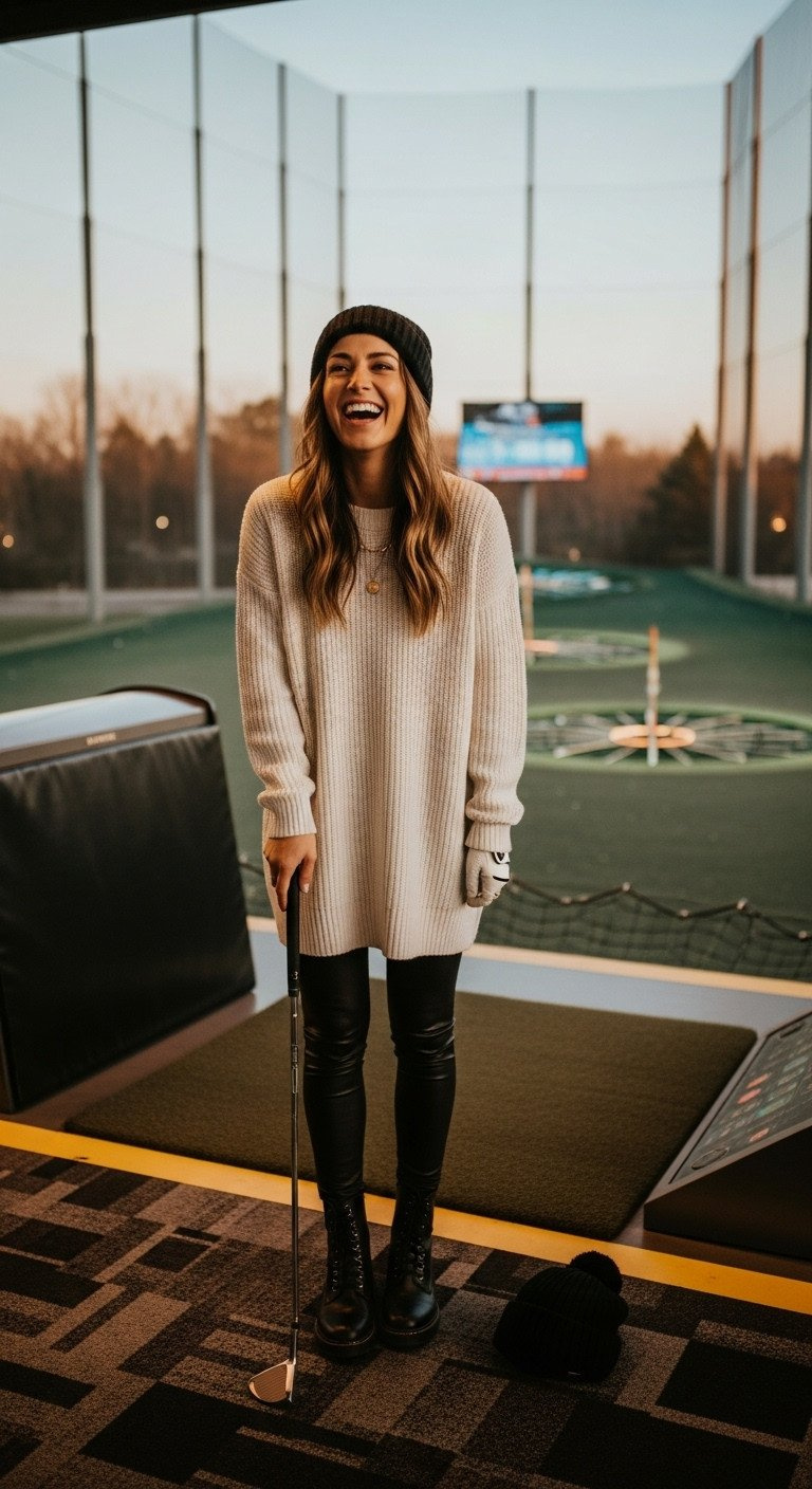 Woman Laughing, Holding Golf Club In Black Faux Leather Leggings, Cream Sweater, Combat Boots At Topgolf. Cozy Cool Date Outfit.