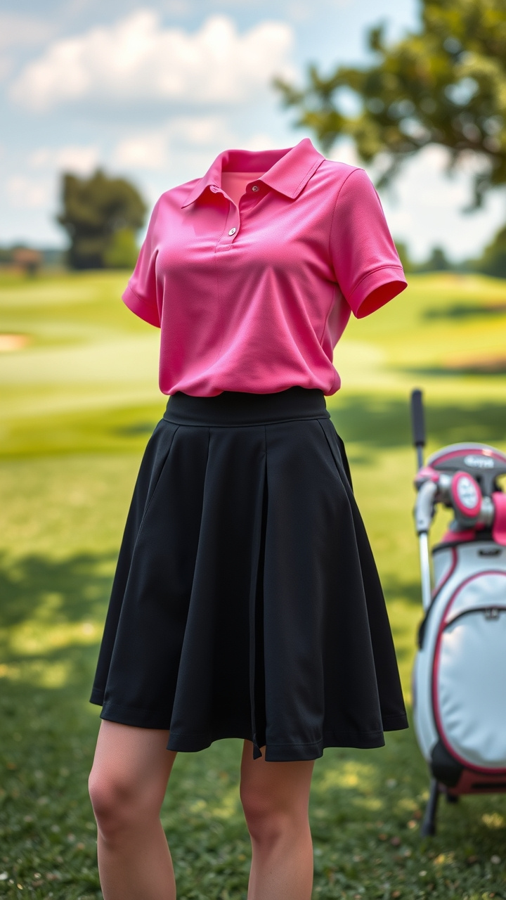Woman On A Golf Course Tee Box Wearing A Chic Pleated Black Golf Skort And A White Sleeveless Polo Shirt With A Golf Glove.