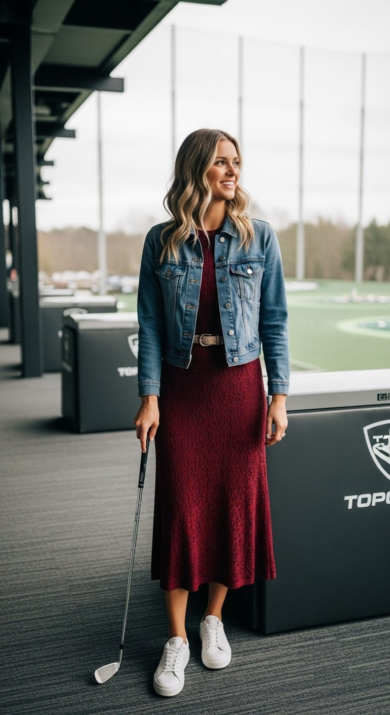 Woman Smiling, Holding Club In Maroon Midi Dress, Denim Jacket, White Sneakers At Topgolf. Flirty Feminine Date Outfit.