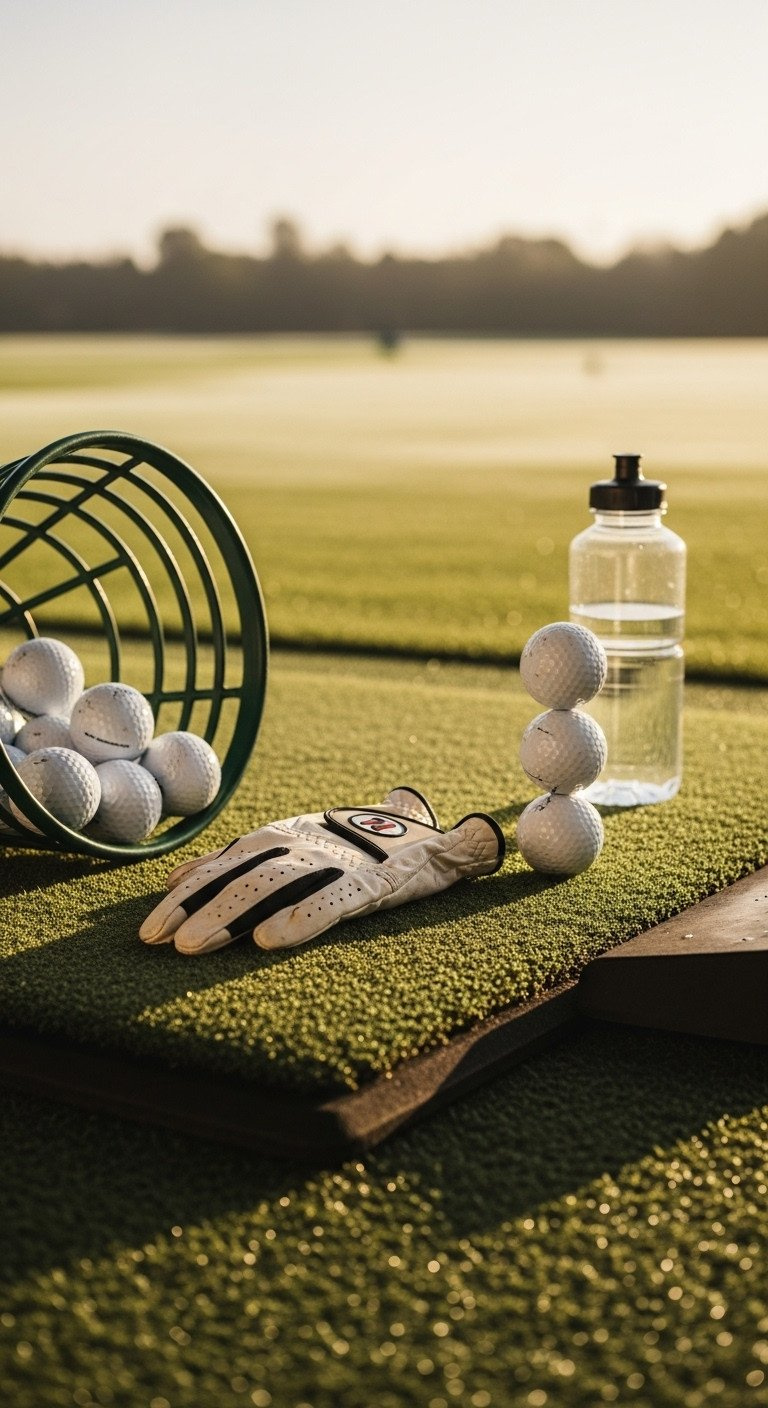 Worn Golf Glove Next To Practice Balls On A Driving Range Mat, Symbolizing Golfer Dedication And Hard Work In Early Morning.