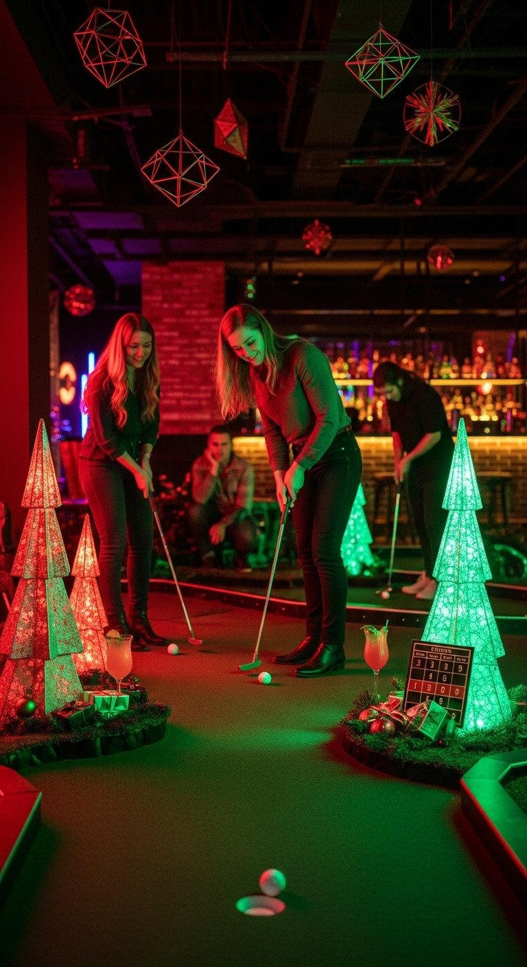 Young Adults Play Upscale Indoor Mini Golf With Glowing Balls Under Dramatic Red And Green Led Christmas Lights And Modern Holiday Decor.