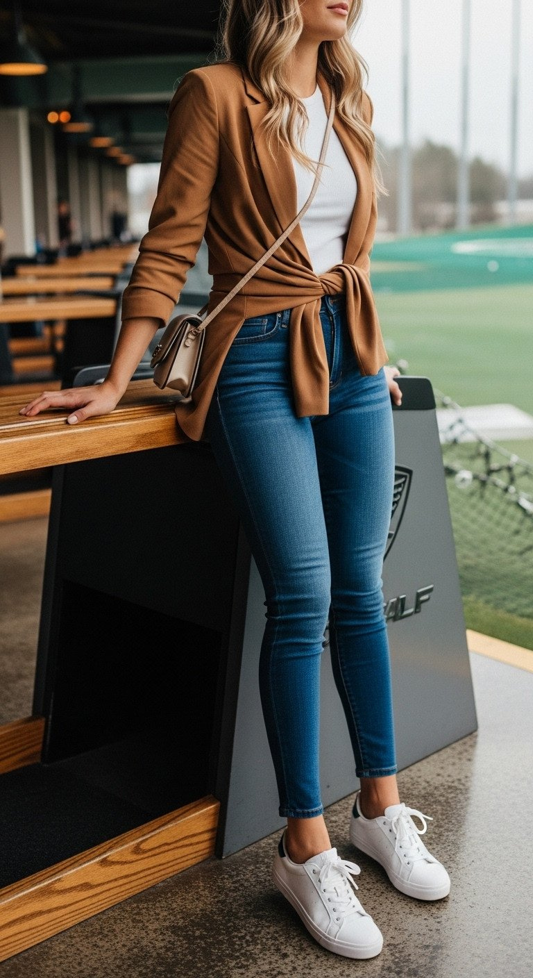 Young Woman In Dark-Wash Jeans, White Top, Camel Blazer Tied At Waist, White Sneakers At Topgolf. Elevated Casual Chic Date Outfit.