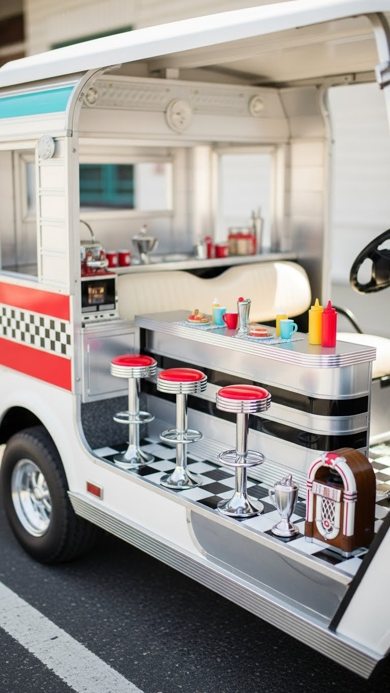 1950S-Style Retro Diner Golf Cart With Checkered Floor And Chrome Exterior Featuring Miniature Counter And Classic Stools
