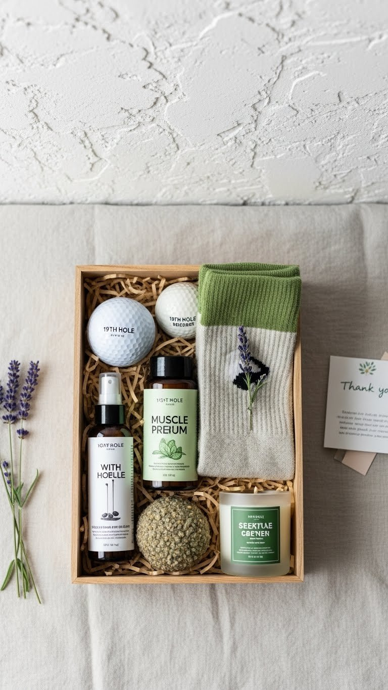 '19Th Hole' Relaxation Kit: Golf Ball Massage, Muscle Rub, Luxurious Socks, Scented Candle, In Wooden Box.