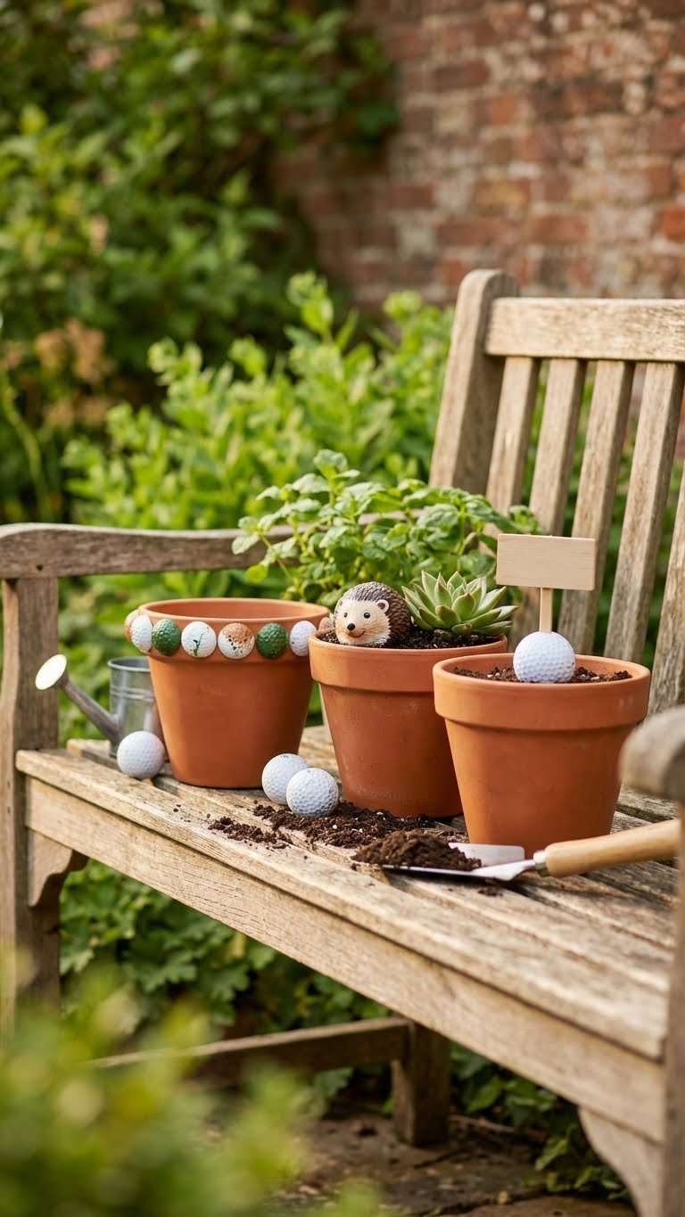 Golf Ball Crafts For Father'S Day: Ultimate Kid-Made Gifts 45-Degree Close-Up Of Personalized Terracotta Pots With Golf Balls And Small Succulents On A Weathered Wooden Bench.