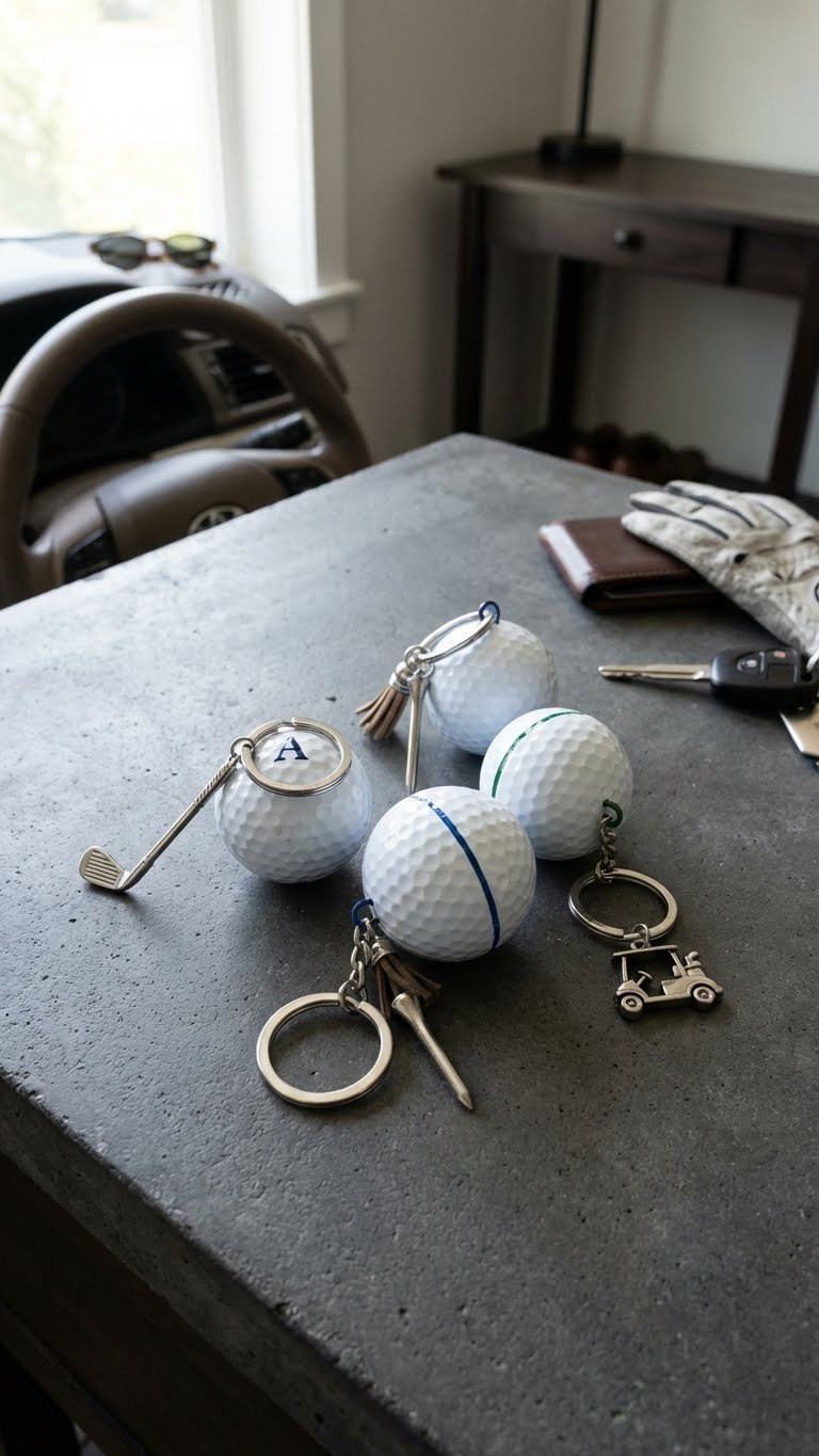 Golf Ball Crafts For Father'S Day: Ultimate Kid-Made Gifts 45-Degree Close-Up Of Stylish Golf Ball Keychains With Metal Rings, Tassels, And Golf Charms On A Dark Grey Concrete Surface.