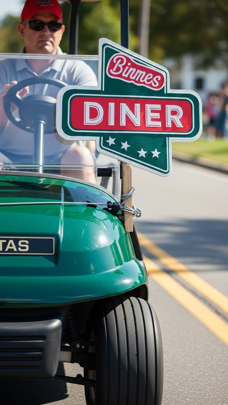 50S Themed Golf Cart With Driver And Passenger In Poodle Skirt And Greaser Outfits Matching Cart Decorations