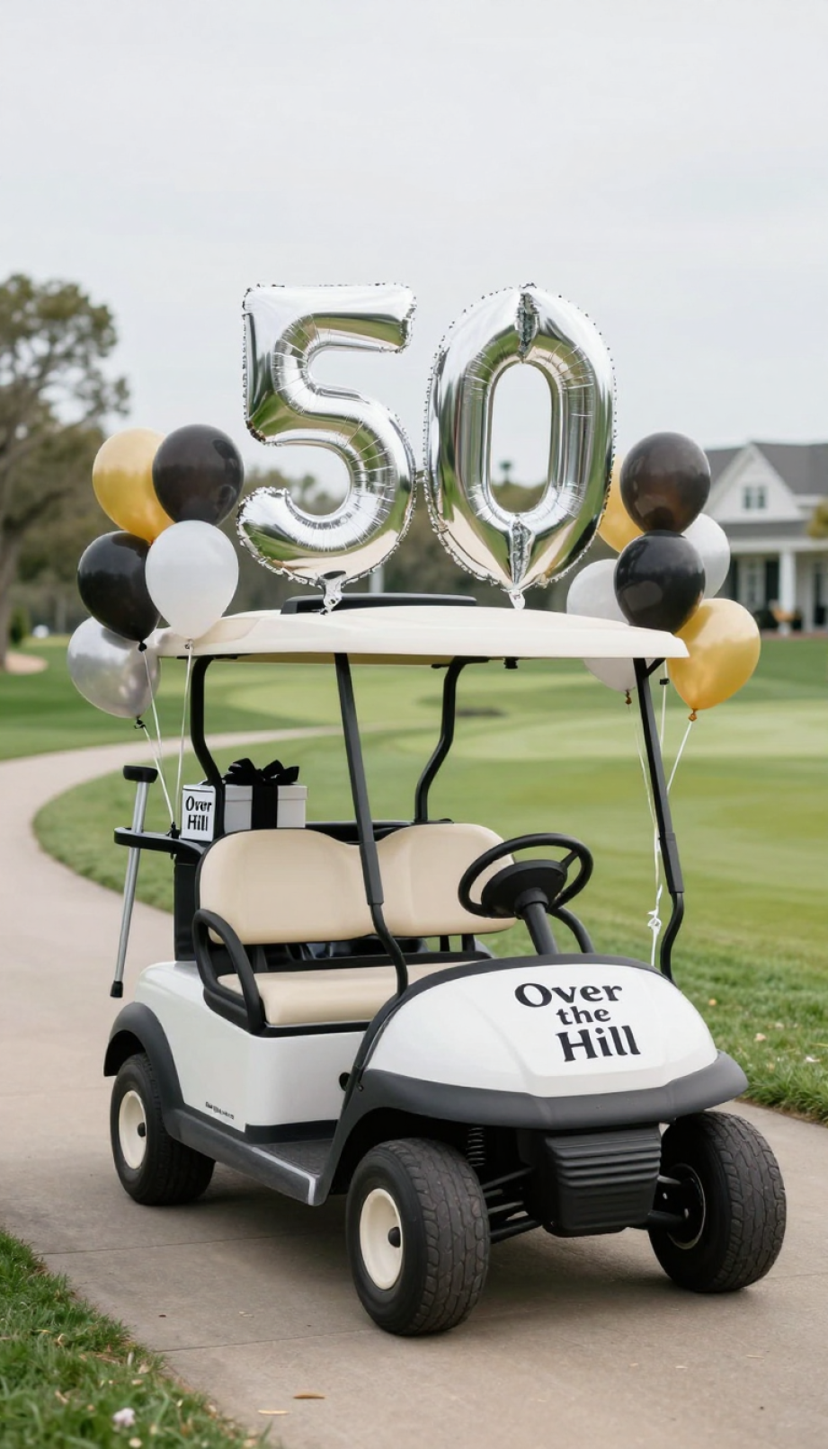 50Th Birthday 'Over The Hill' Golf Cart Adorned With Black, Silver, And Gold Decorations On A Manicured Golf Course Path.