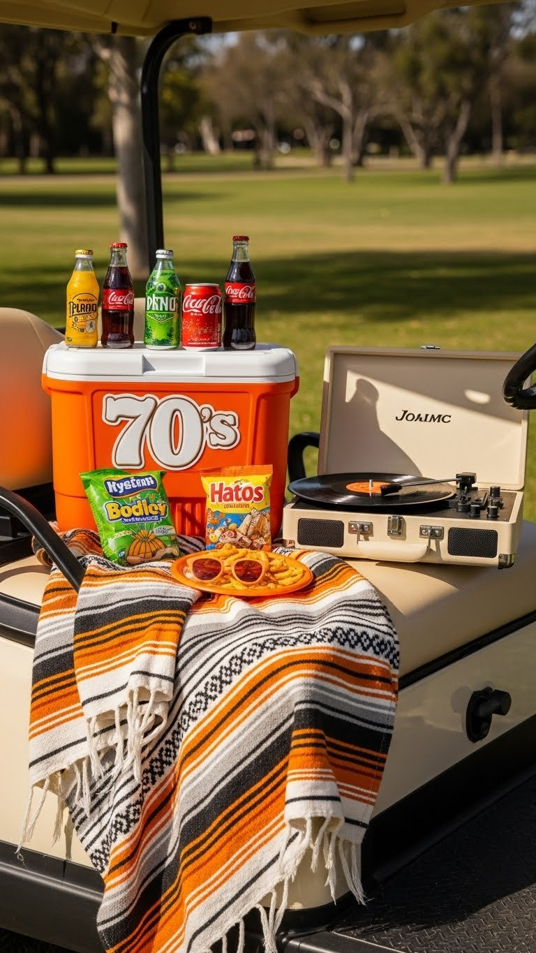 70S Picnic Kit With Retro Cooler, Patterned Blanket, And Record Player Arranged On Golf Cart