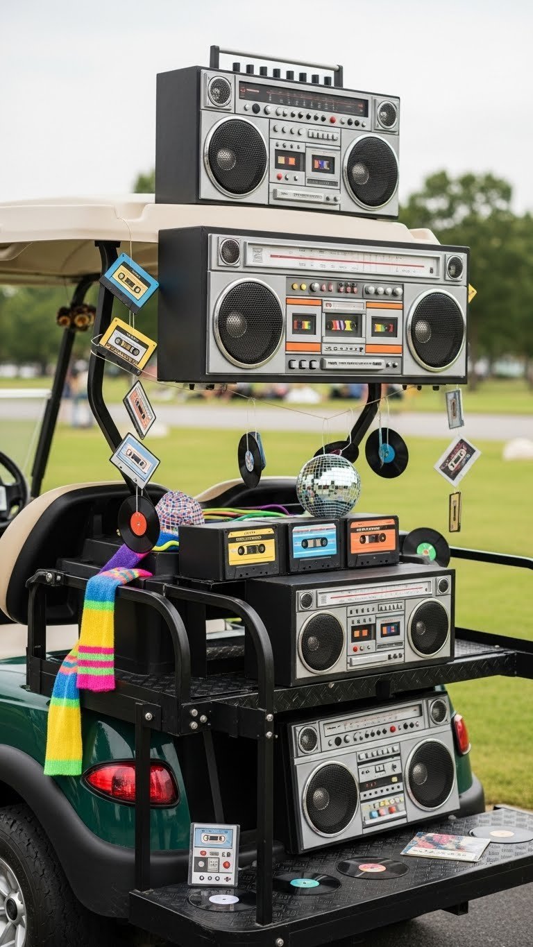 80S Boombox Music Themed Golf Cart Decorated With Oversized Cassette Tapes And Vinyl Record Decals