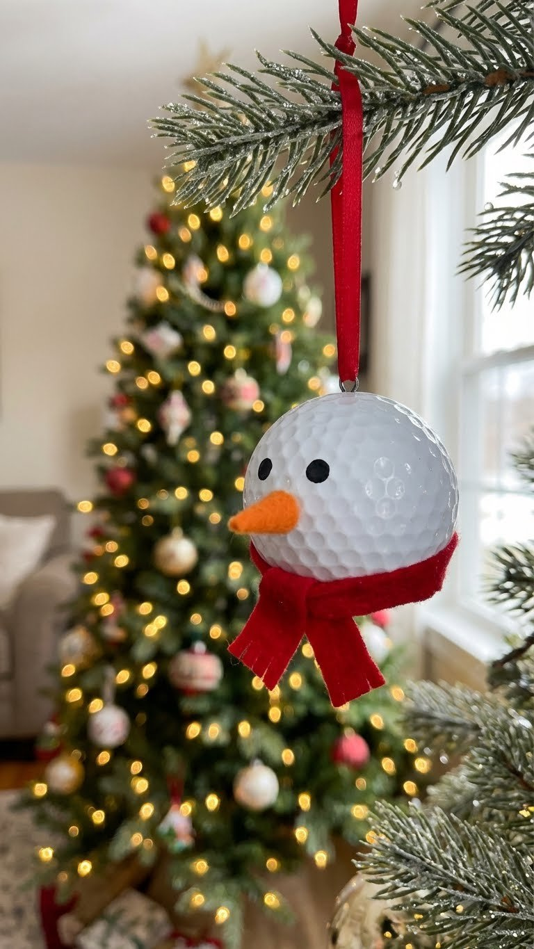 11 Easy Golf Ball Snowman Crafts For Stunning Holiday Decor A Bright White Golf Ball Snowman Ornament With Black Dot Eyes, Orange Nose, And Red Scarf Hangs From A Festive Christmas Tree Branch With Twinkling Lights.