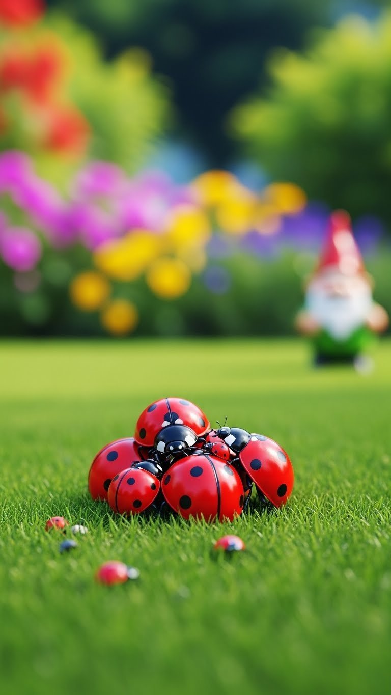 A Charming Cluster Of Red Golf Ball Ladybugs Rests On Thick Green Grass Bordered By Colorful Flowers, Creating Whimsical Lawn Decor.