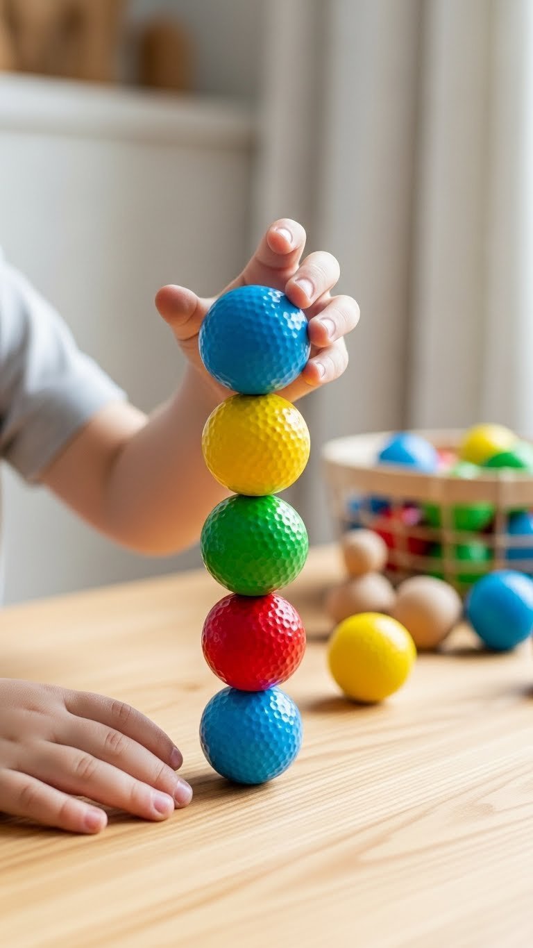 A Child'S Hands Carefully Stack Brightly Colored Golf Balls In A Balancing Game On A Wooden Table, Enhancing Fine Motor Skills.