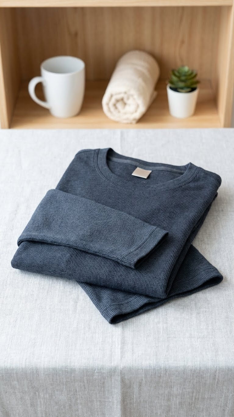 Golfing Outfits Men Winter: Proven Guide To Stay Warm &Amp; Play A Dark Grey Long-Sleeved Thermal Base Layer Shirt With Moisture-Wicking Golf Fabric, Folded Neatly In A Flat Lay Style.