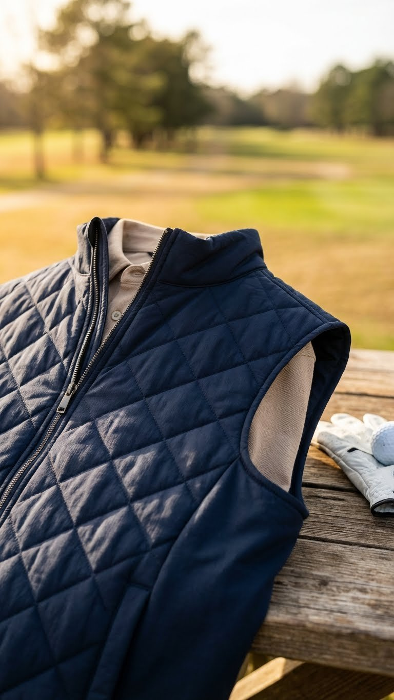Golfing Outfits Men Winter: Proven Guide To Stay Warm &Amp; Play A Dark Insulated Golf Gilet With Quilted Texture And Zipper Detail, Shown With A Golf Glove And Ball On A Wooden Table.