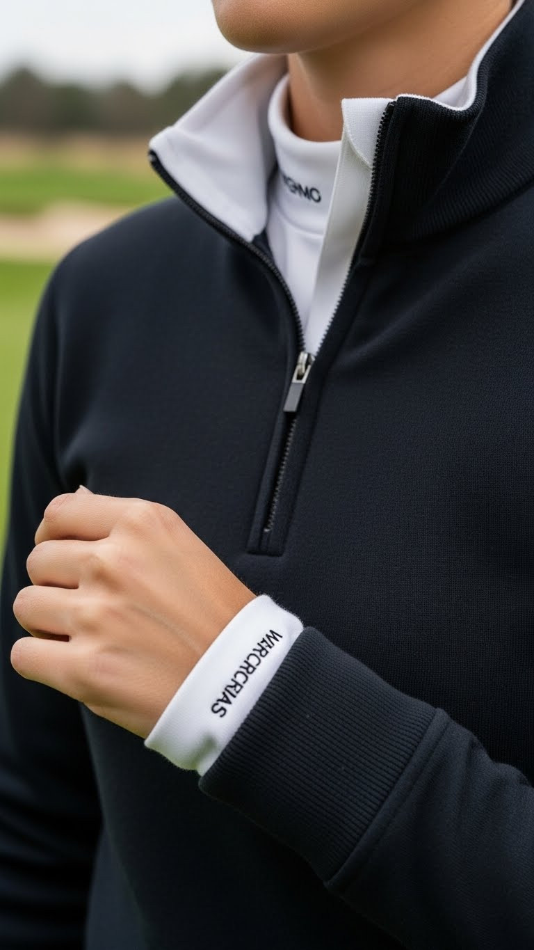 11 Golfing Outfits For Women Winter That Are Stylish And Warm A Detailed Closeup Of A Merino Wool Base Layer Under A Dark Quarterzip Golf Pullover