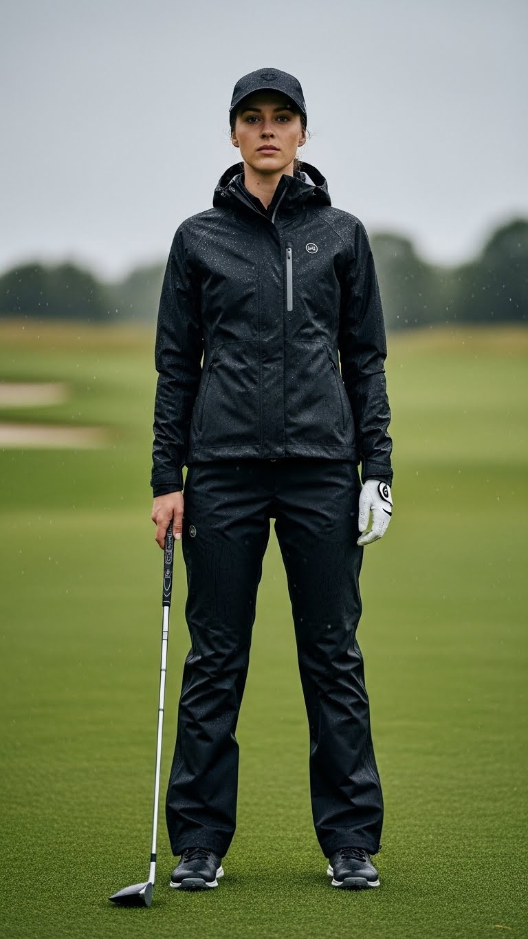 11 Golfing Outfits For Women Winter That Are Stylish And Warm A Female Golfer In A Black Waterproof Jacket And Pants On A Rainy Golf Course