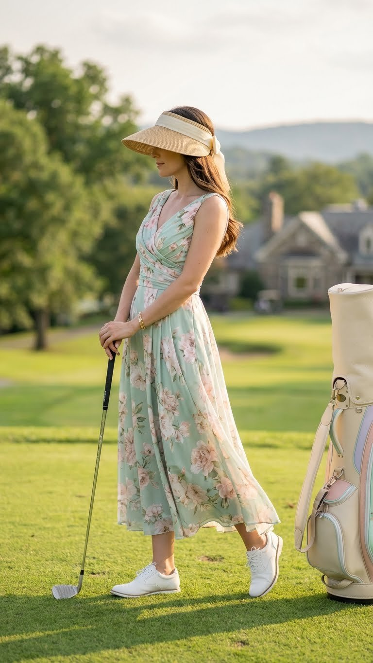 A Female Golfer In An Elegant Pastel Golf Dress And White Spikeless Shoes Stands Gracefully On A Pristine Golf Course Fairway.