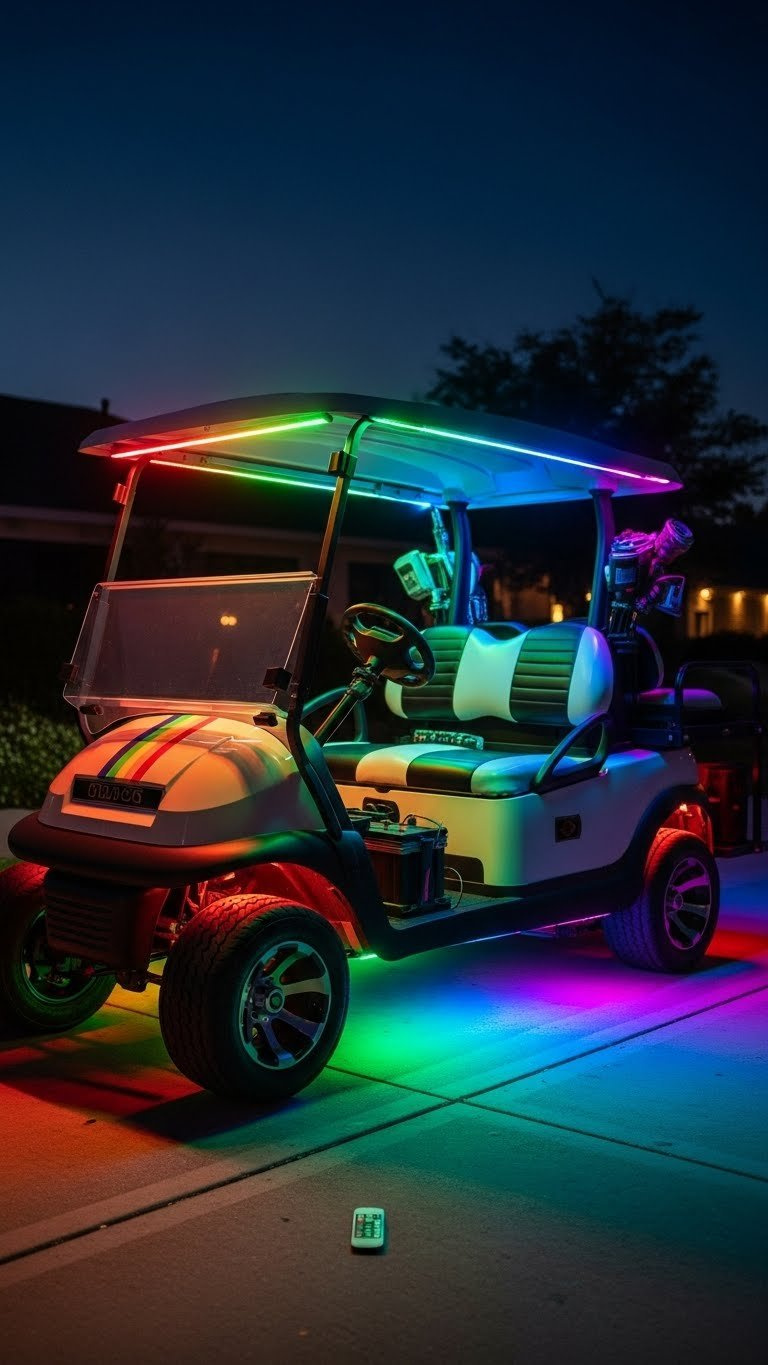 A Golf Cart Glows Vibrantly At Dusk, Illuminated By Multi-Color Rainbow Led Light Strips Along Its Undercarriage And Roofline On A Paved Area.