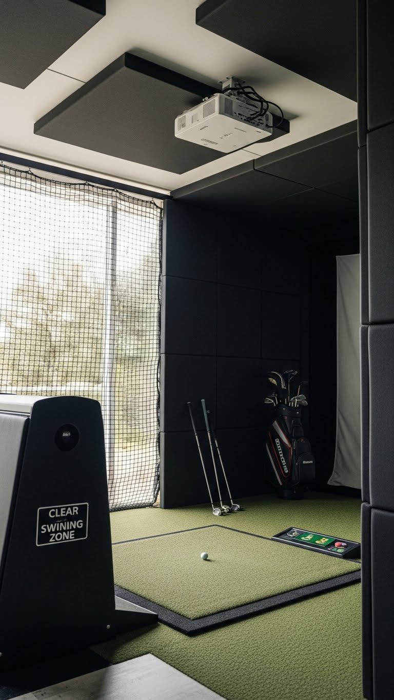 A Golf Simulator Room Highlights Dark Foam Safety Padding On Walls And Ceiling, Neatly Installed For Player Protection.