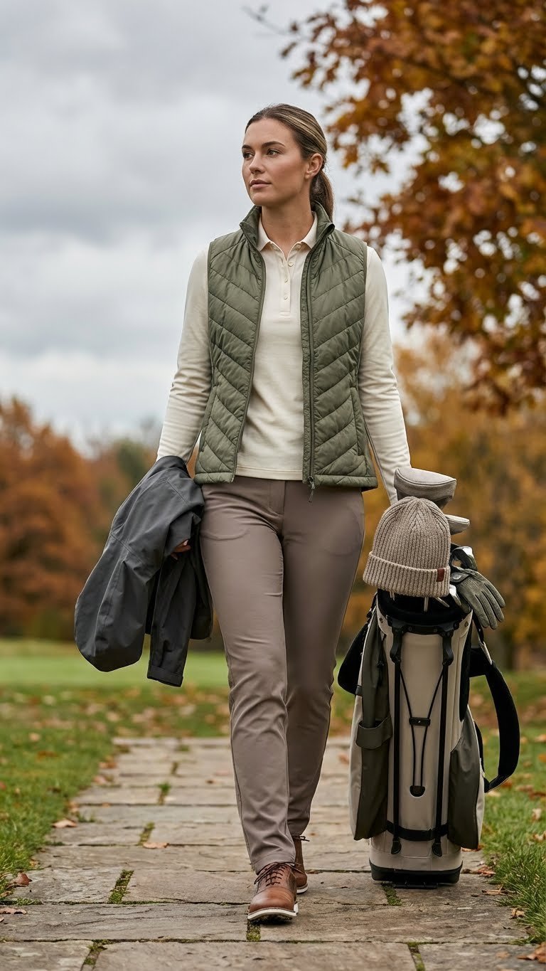 A Golfer Demonstrates Smart Layering With Versatile Golf Wear For Seasonal Transitions, Featuring A Polo, Vest, And Jacket.