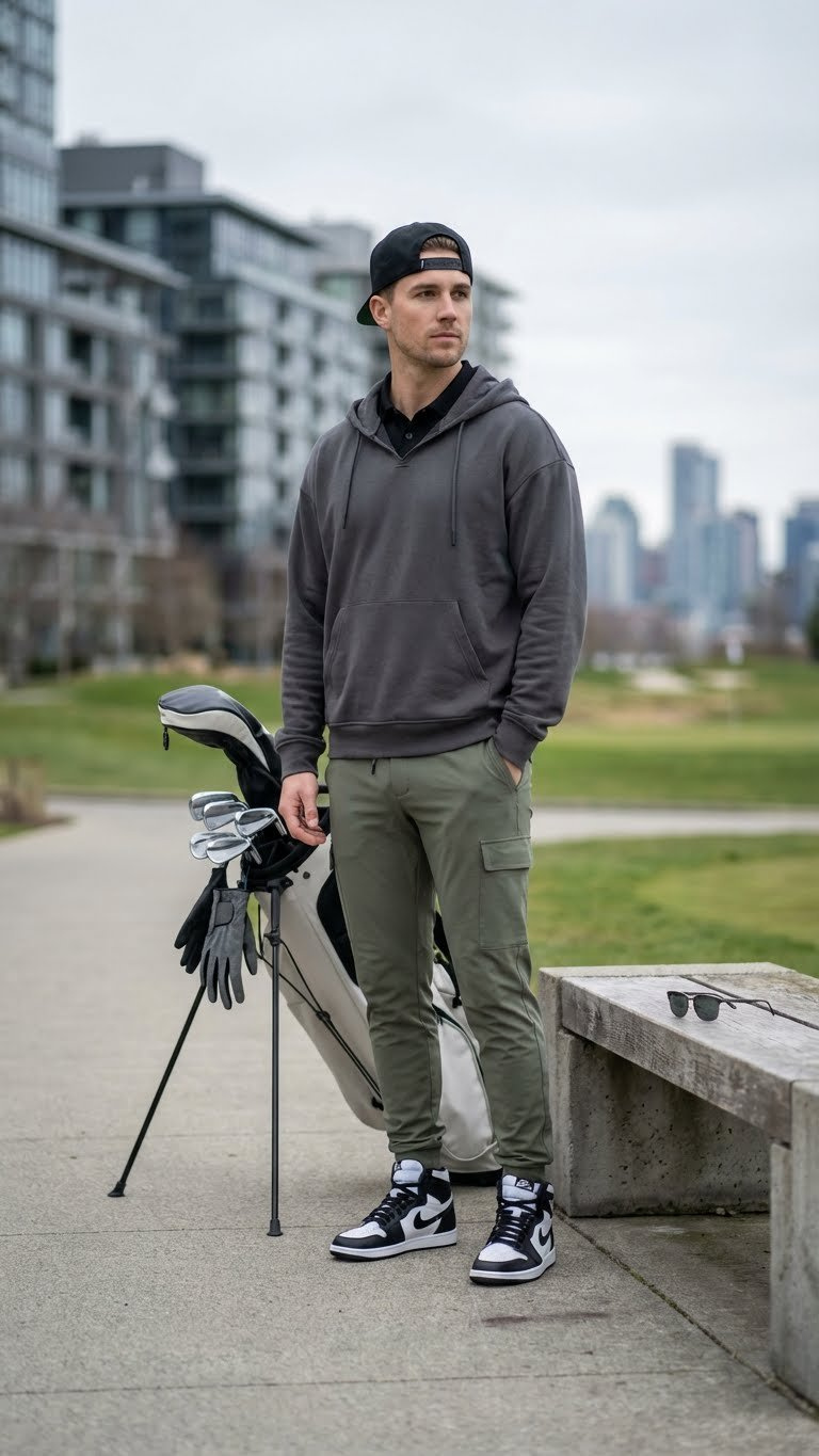 A Golfer In A Stylish Urban Streetwear Golf Hoodie And Joggers Wears High-Top Spikeless Sneakers On A Modern Golf Pathway.