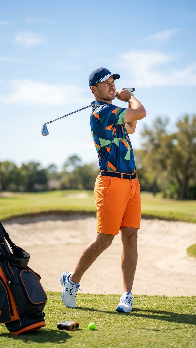 A Golfer In A Vibrant Bold Athletic Golf Outfit With A Patterned Polo And Performance Shorts Stands On A Dynamic Golf Course.
