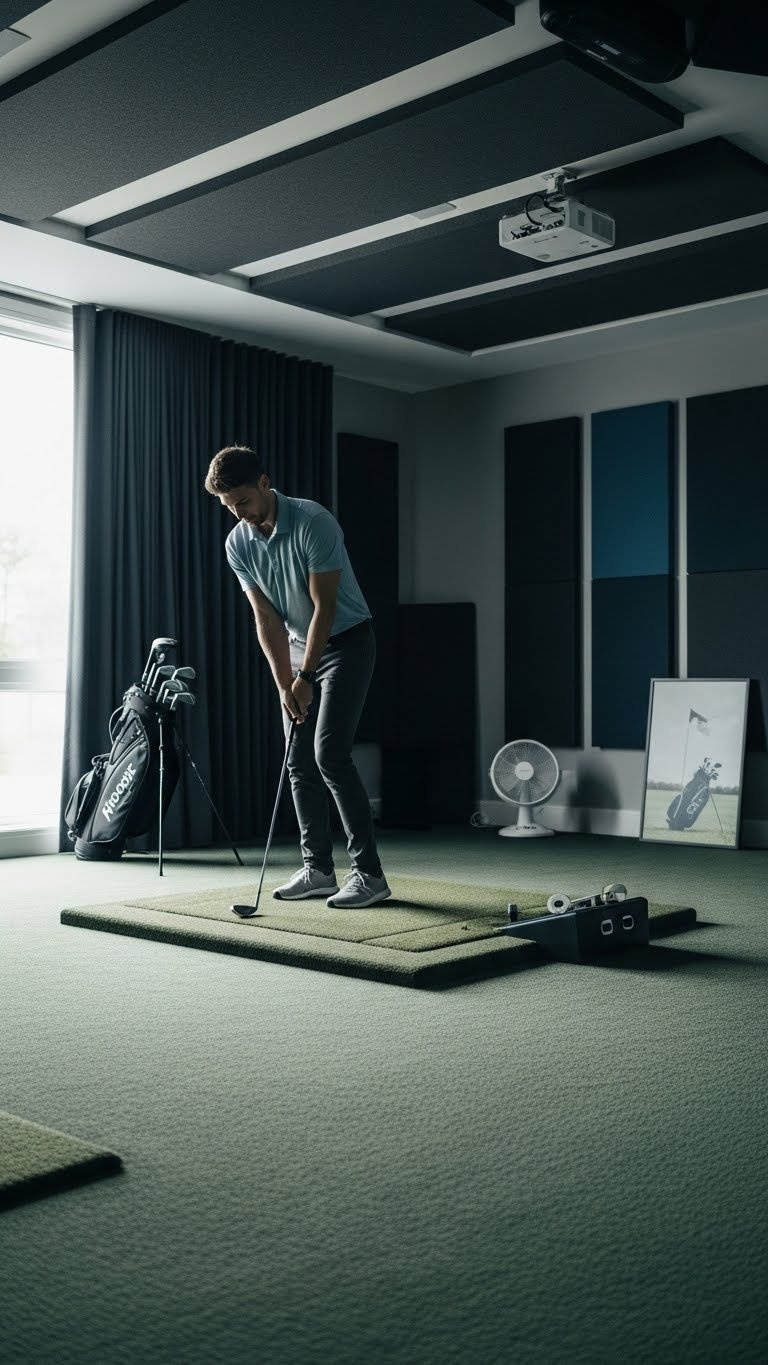 A Home Golf Simulator Room Features Soundproofing With Acoustic Panels And Plush Carpet, Creating A Quiet And Focused Environment.