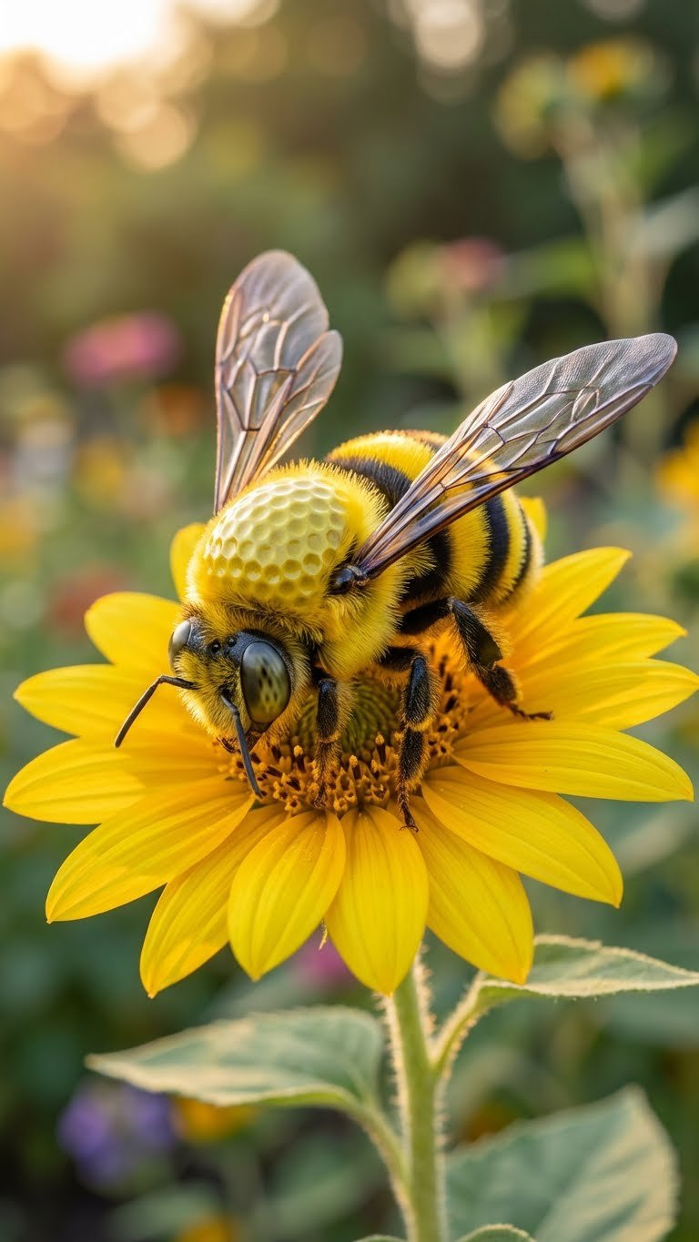9 Cute Golf Ball Animals: Easy Diy Crafts For Beginners A Hyperrealistic Golf Ball Bee With Vibrant Yellow And Black Stripes, Iridescent Wings, And Large Eyes Perches On A Bright Yellow Flower In A Blurred Green Garden.