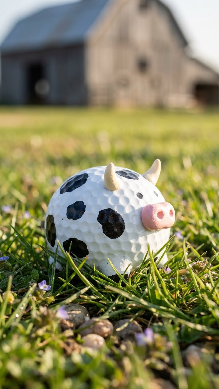 9 Cute Golf Ball Animals: Easy Diy Crafts For Beginners A Hyperrealistic Golf Ball Cow With Classic White And Black Spots, A Pink Snout, And Horns Rests In Green Grass With A Blurred Farm Backdrop.