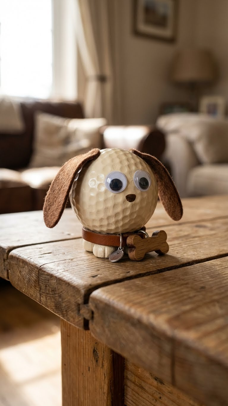 9 Cute Golf Ball Animals: Easy Diy Crafts For Beginners A Hyperrealistic Golf Ball Dog With A Smooth Painted Body, Floppy Felt Ears, And Googly Eyes Sits On A Rustic Wooden Surface In A Cozy Home.