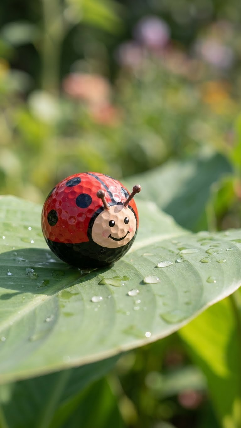 9 Cute Golf Ball Animals: Easy Diy Crafts For Beginners A Hyperrealistic Golf Ball Ladybug With A Shiny Red Body, Black Spots, Antennae, And Smiling Face Sits On A Dewy Green Leaf In A Blurred Garden.