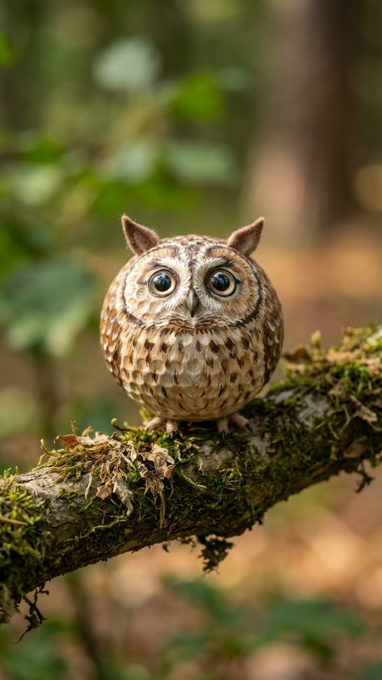 9 Cute Golf Ball Animals: Easy Diy Crafts For Beginners A Hyperrealistic Golf Ball Owl With Textured Brown Body, Large Eyes, And Pointed Felt Ears Perches On A Tree Branch In A Natural Forest.
